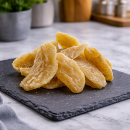 Soft dehydrated pear slices displayed on slate board in modern kitchen