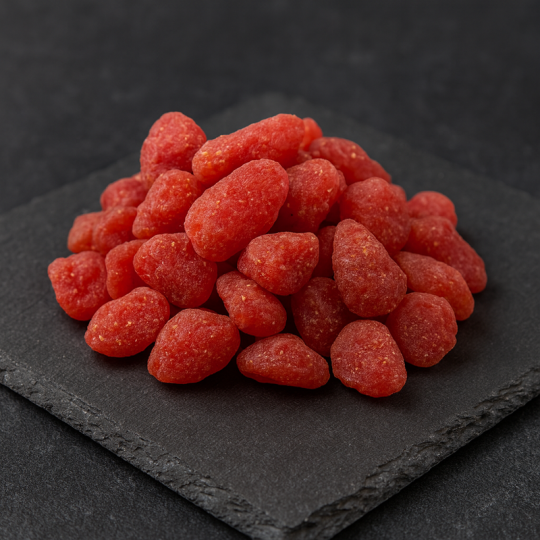 fraise déshydratée sur planche d’ardoise en cuisine contemporaine