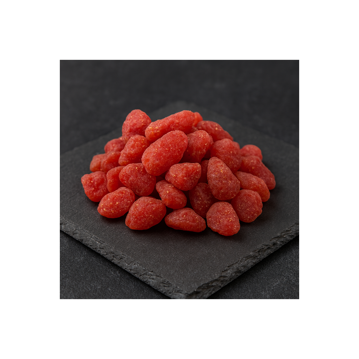 soft dehydrated strawberry on slate board