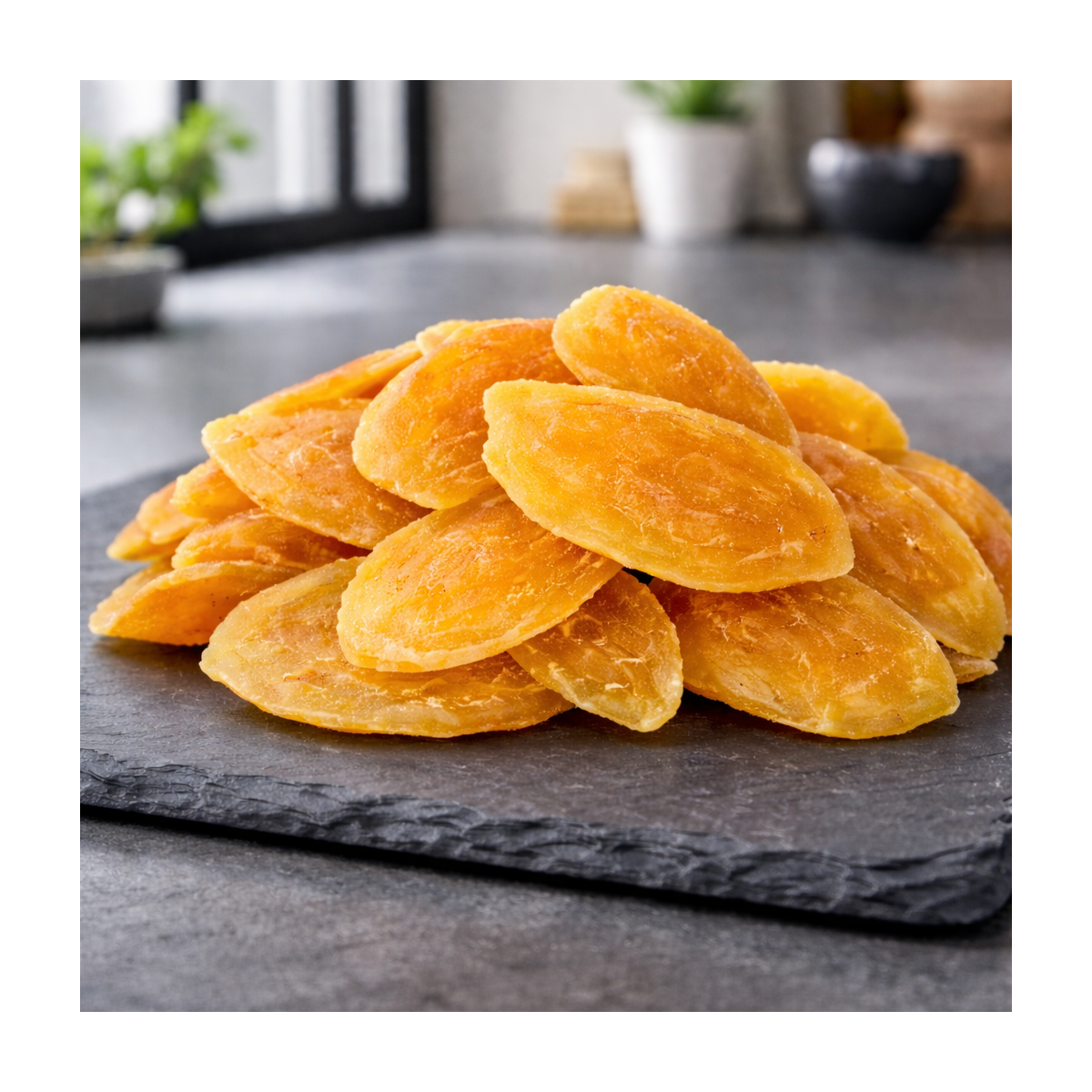 Soft dehydrated mango on premium slate board