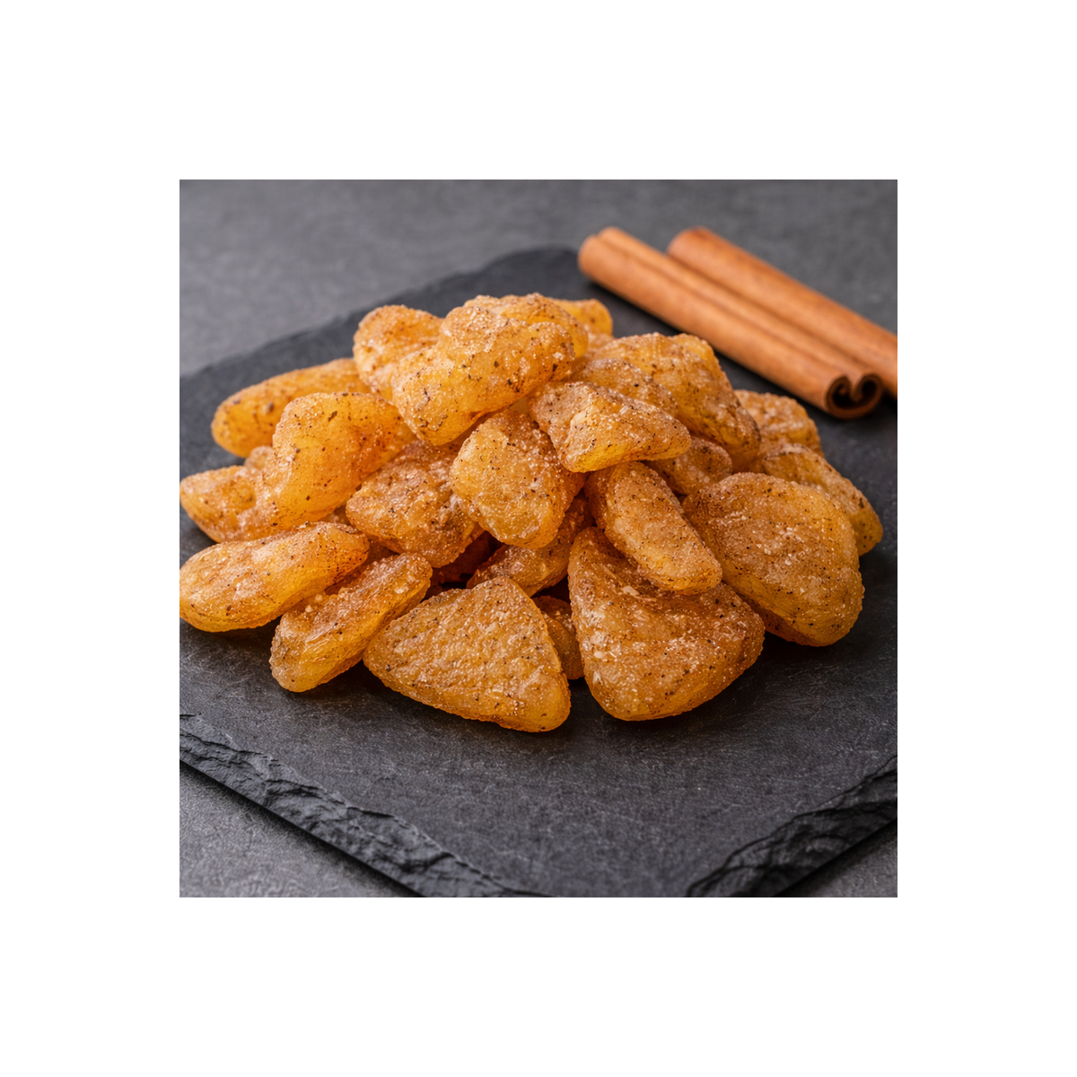 Side view of sweet cinnamon dehydrated apples showing soft texture