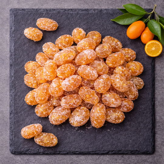 Close-up of tender texture sugared kumquat
