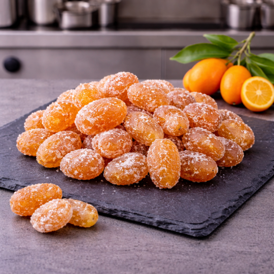 Gezoete kumquat gepresenteerd op premium leisteen