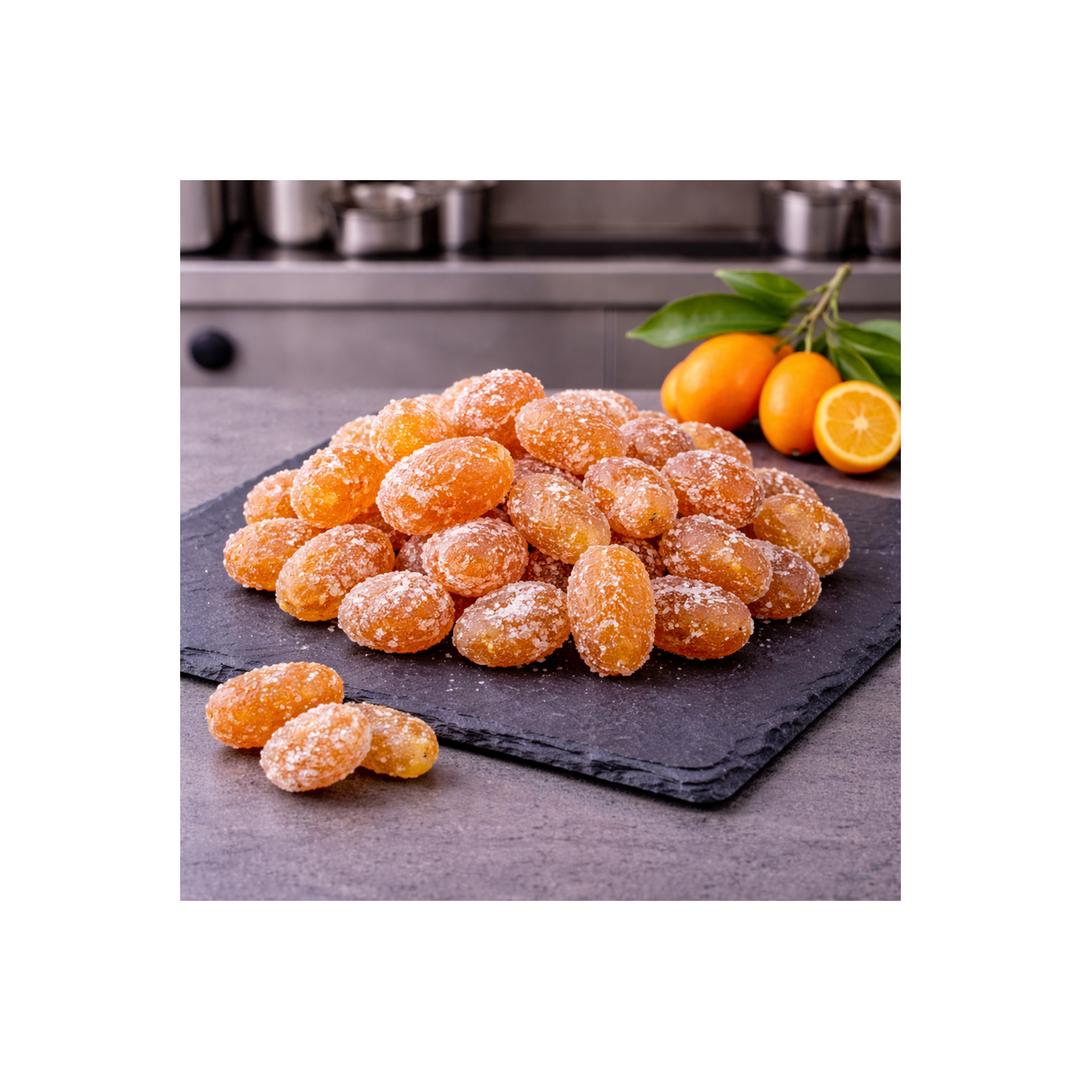Sugared kumquat presented on premium slate board