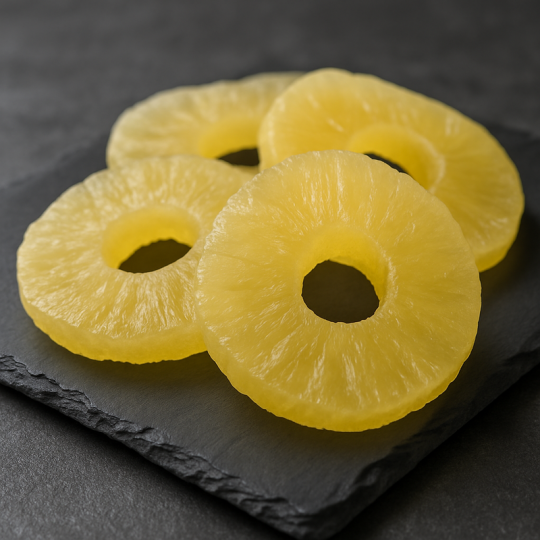 Ananas confit pâtisserie disposé sur planche en ardoise, éclairage naturel, décor de cuisine contemporaine