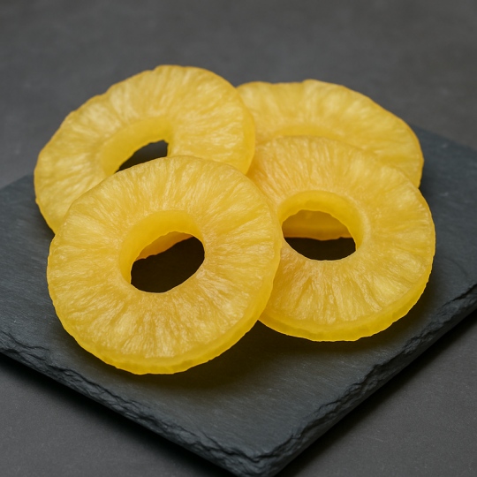 Chewy dehydrated pineapple on elegant slate plate, clean and modern kitchen background