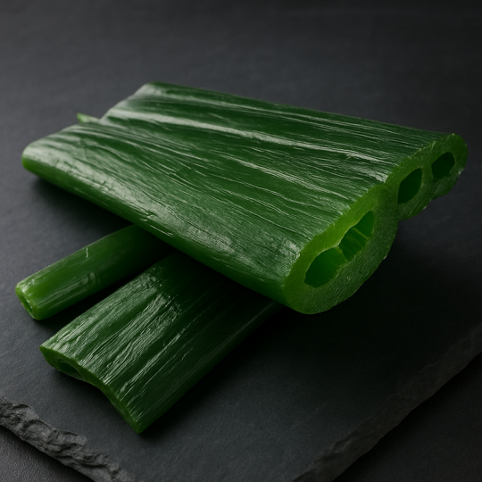 Candied angelica for candied fruits pastry presented on premium slate, top view