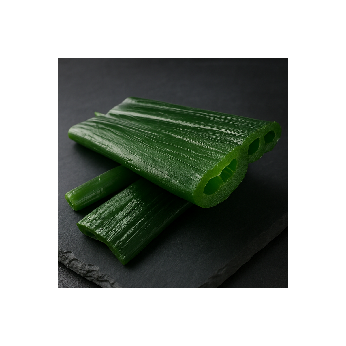 Candied angelica for candied fruits pastry presented on premium slate, top view