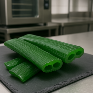 Candied angelica cakes on black slate board, side view, professional kitchen
