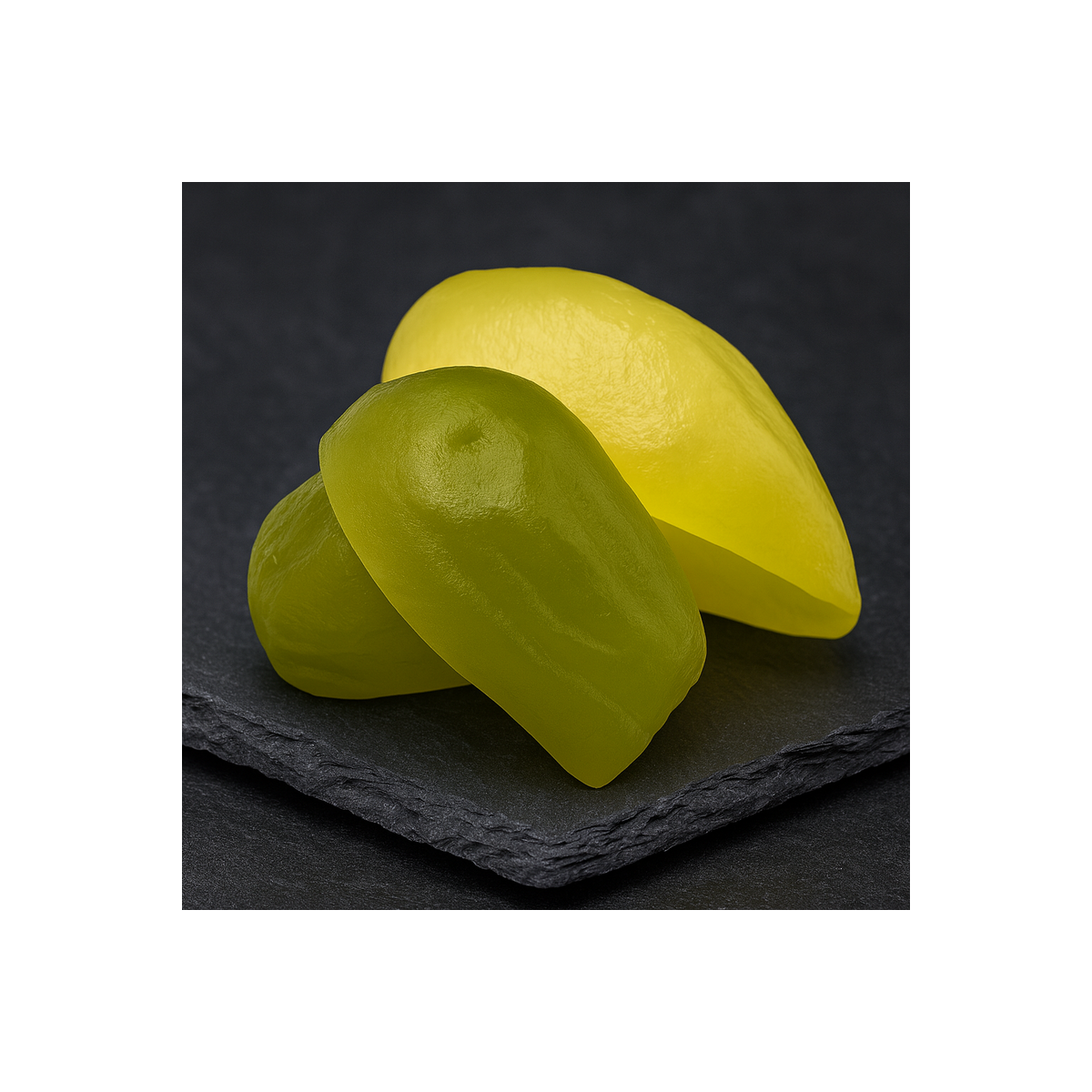 Candied citron with soft texture presented on elegant slate board, natural light