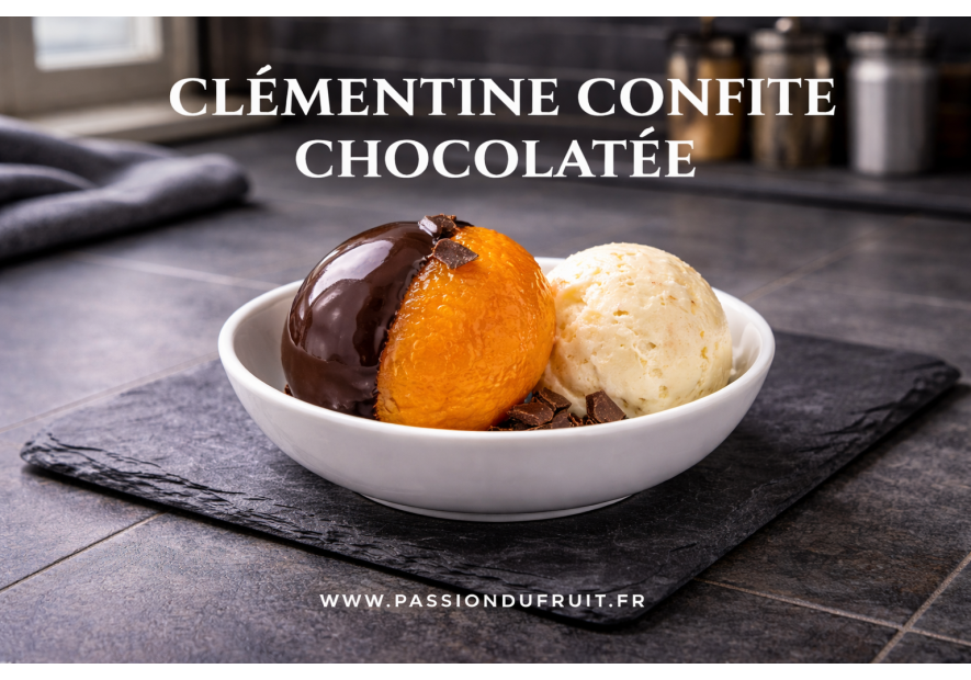Clémentine confite nappée de chocolat noir et glace vanille