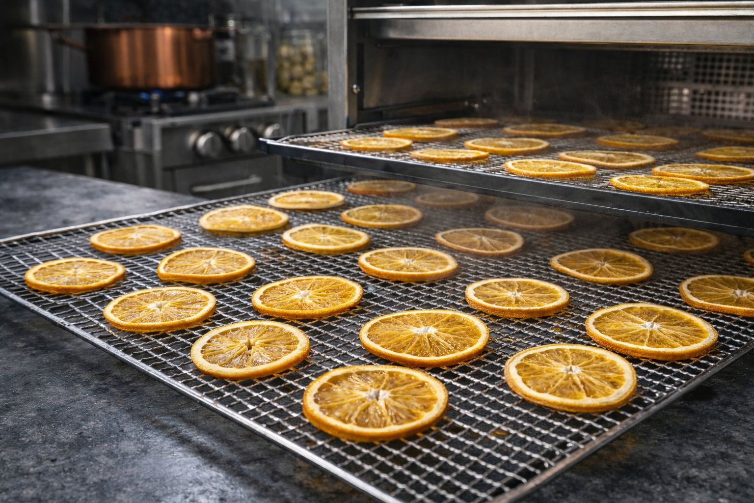 dehydrated orange slices drying on racks in a professional kitchen